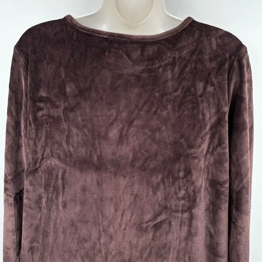 Quacker Factory Blouse Top Velour Velvet Stripe Sequins Long Sleeve Brown L